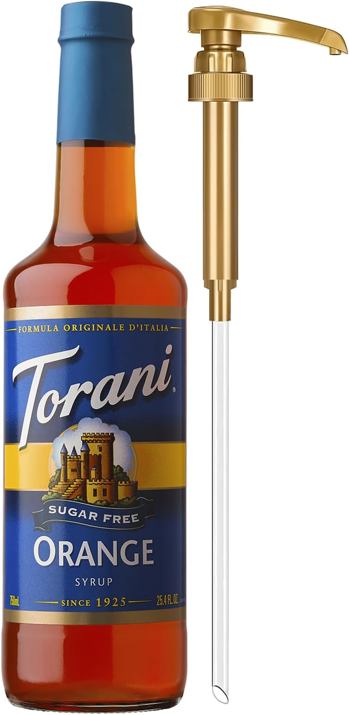 Torani Sugar Free Syrup, Orange Flavoring for Drinks, Zero Calorie, Glass Bottle with Pump Included, 25.4 Fl Oz