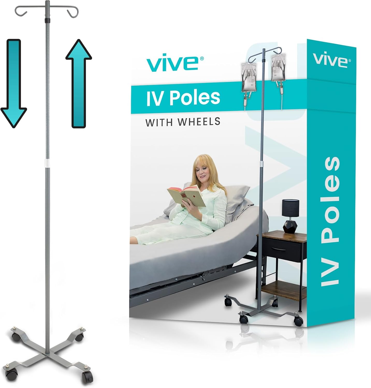 Vive IV Pole with Wheels - IV Fluids Bag Stand with 2 Hooks and Adjustable Height - Portable IV Pole for Home Care, Hospitals, Clinics and Travel - Safe and Easy to Move Medical IV Drip Stand