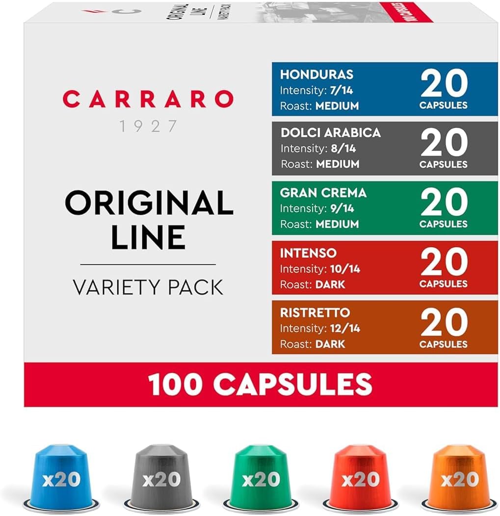 CARRARO 1927 Variety Pack Delicious Espresso Capsules - 100 Aluminum Espresso Pods Compatible with Nespresso Original line, Medium and Dark Roast, Made in Italy