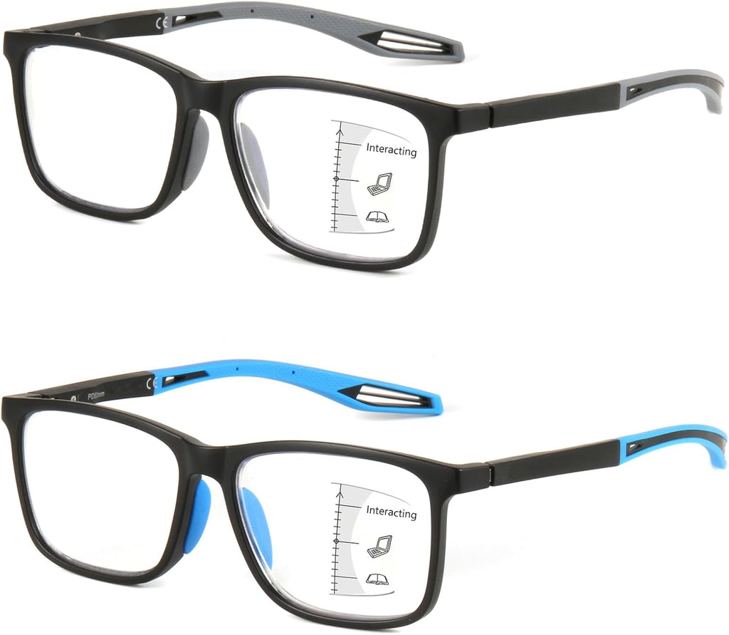 Missfive 2 Pack Upgraded Unbreakable Multifocus Progressive Reading Glasses Men Women, TR90 Sports Style Anti Blue Light/UV Readers, No-Line Multifocal Spring Hinge Near-Workspace Eyewear 2.5x