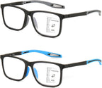 Missfive 2 Pack Upgraded Unbreakable Multifocus Progressive Reading Glasses Men Women, TR90 Sports Style Anti Blue Light/UV Readers, No-Line Multifocal Spring Hinge Near-Workspace Eyewear 2.5x
