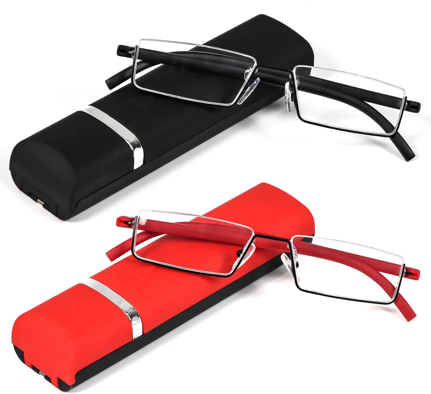 REAVEE 2 Pack Half Reading Glasses for Women Men, Lightweight Half Frame Slim Metal Readers with Portable Case, Black and Red +1.25