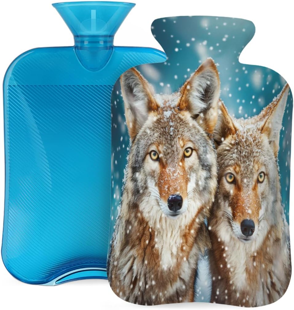 Hot Water Bottle with Cover, Winter Animal Wolf Snow 2L Hot Water Bag for Hot/Cold Compress, Hand Feet Warmer, Menstrual Cramps, Neck and Shoulder Pain Relief