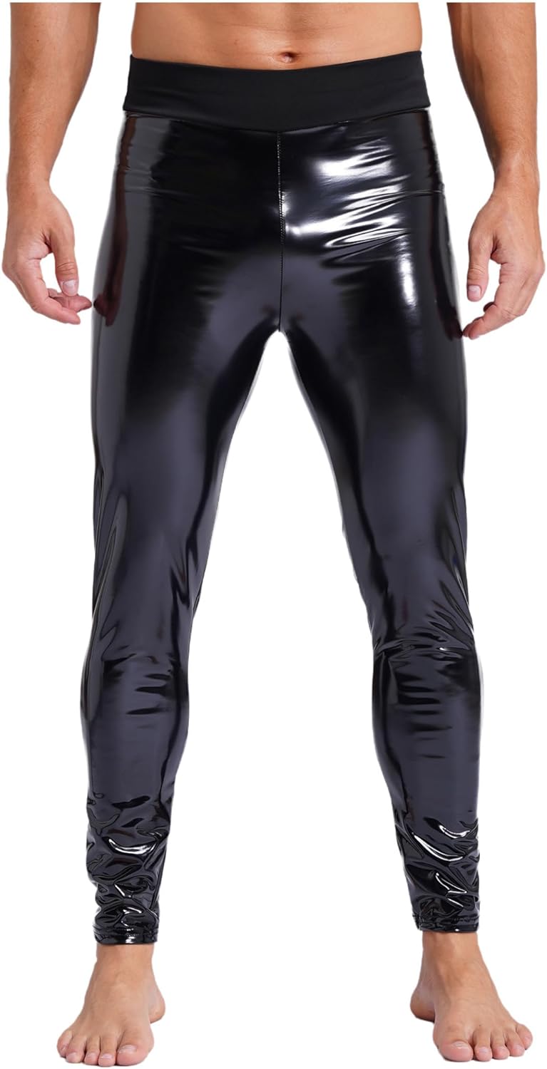 Vxuxlje Men's Patent Leather High Waist Long Pants Elastic Waistband Slim Fit Trouser Clubwear
