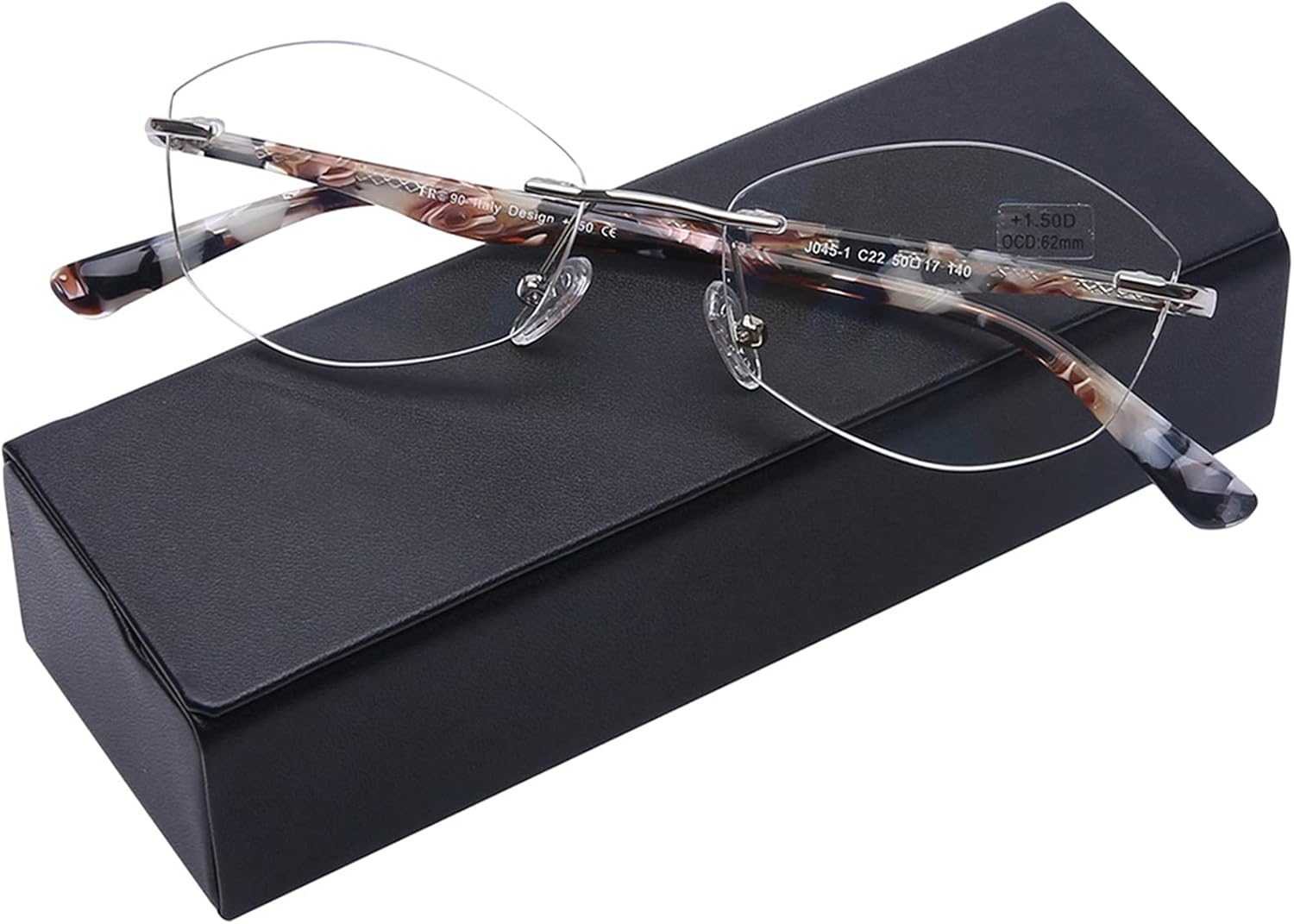AQWANO Rimless Reading Glasses Women Blue Light Blocking, Fashion Designer with UV400 Protect Clear Lens Pattern Frame Ladies Computer Readers, Black 1.75
