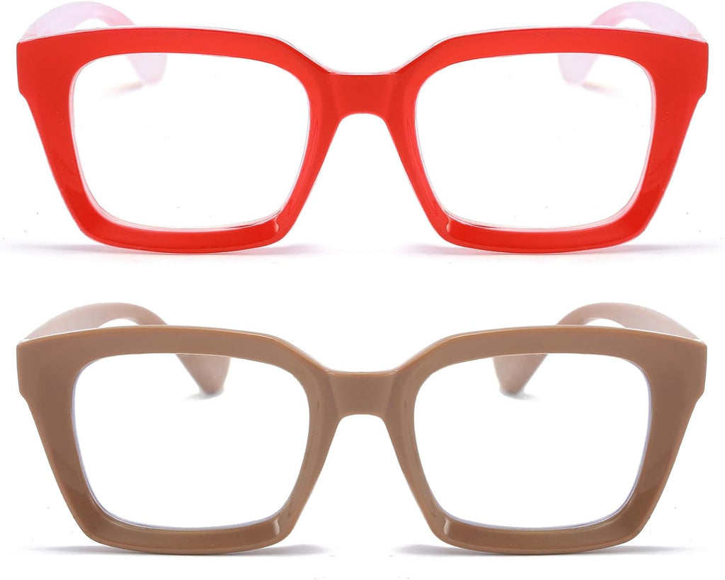REAVEE 2 Pack Oprah Style Oversized Reading Glasses for Women Men Blue Light Blocking, Ladies Stylish RetroSquare Large Computer Readers (Red/Coffee 1.5x)