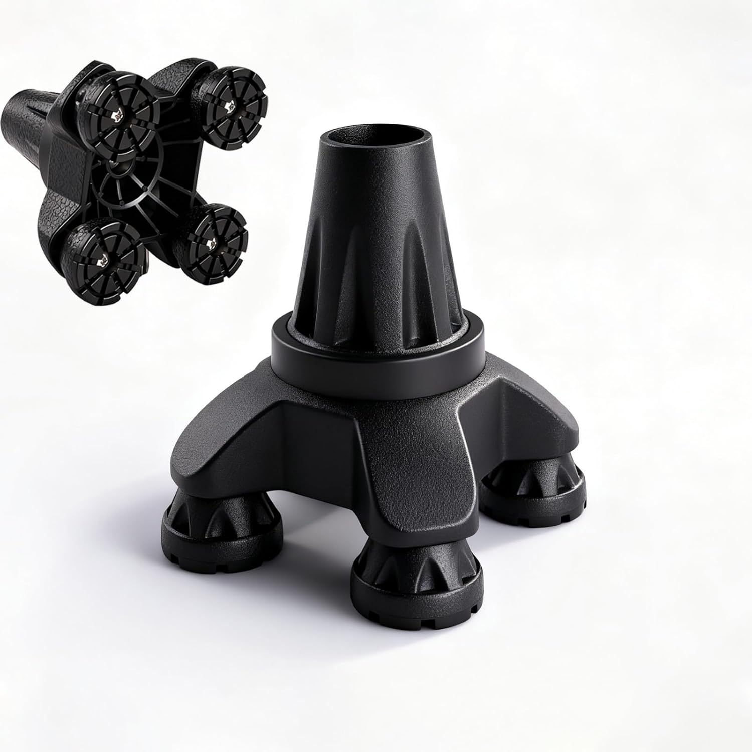 Upgraded Quad Cane Tip – Self Standing 4-Prong Crutch Tip with Metal Reinforced Plate at Cane Joint, Tire-Inspired Anti-Slip Design, Fits 3/4 inch Crutches Walking Canes & Offset Canes