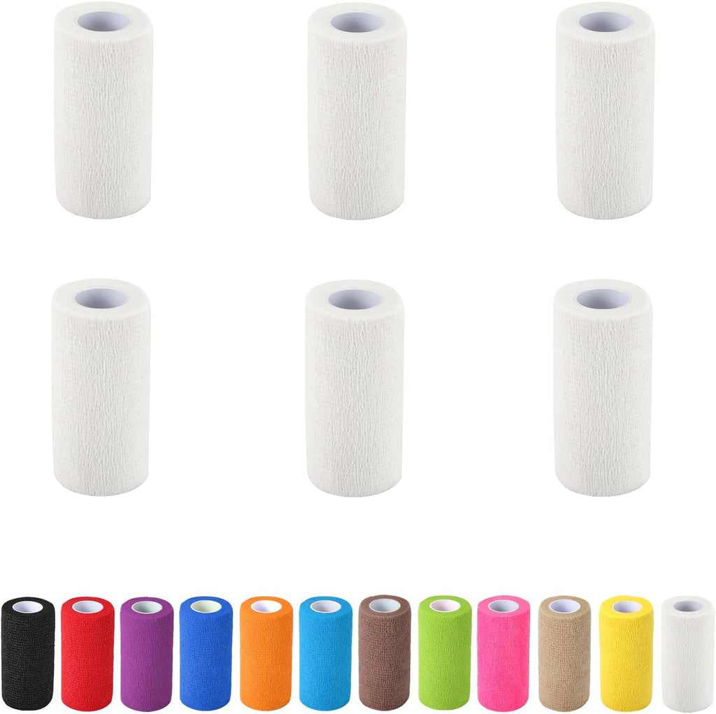 6 Pack Self Adhesive Bandage Wrap, 4 in x 5 Yards Non-Woven Self Adherent Cohesive Bandage, Vet Wrap Wound Tape for Thumb Finger Wrist Knee Ankle, White