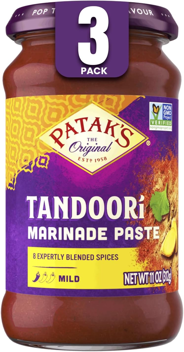 Patak’s Tandoori Marinade Paste - Mild Indian Tandoori Paste with 8 Expertly Blended Spices - Gluten-Free & Vegan - Flavorful Chicken Marinade for Grilling, Baking & BBQ Cooking - 11oz Jar (Pack of 3)