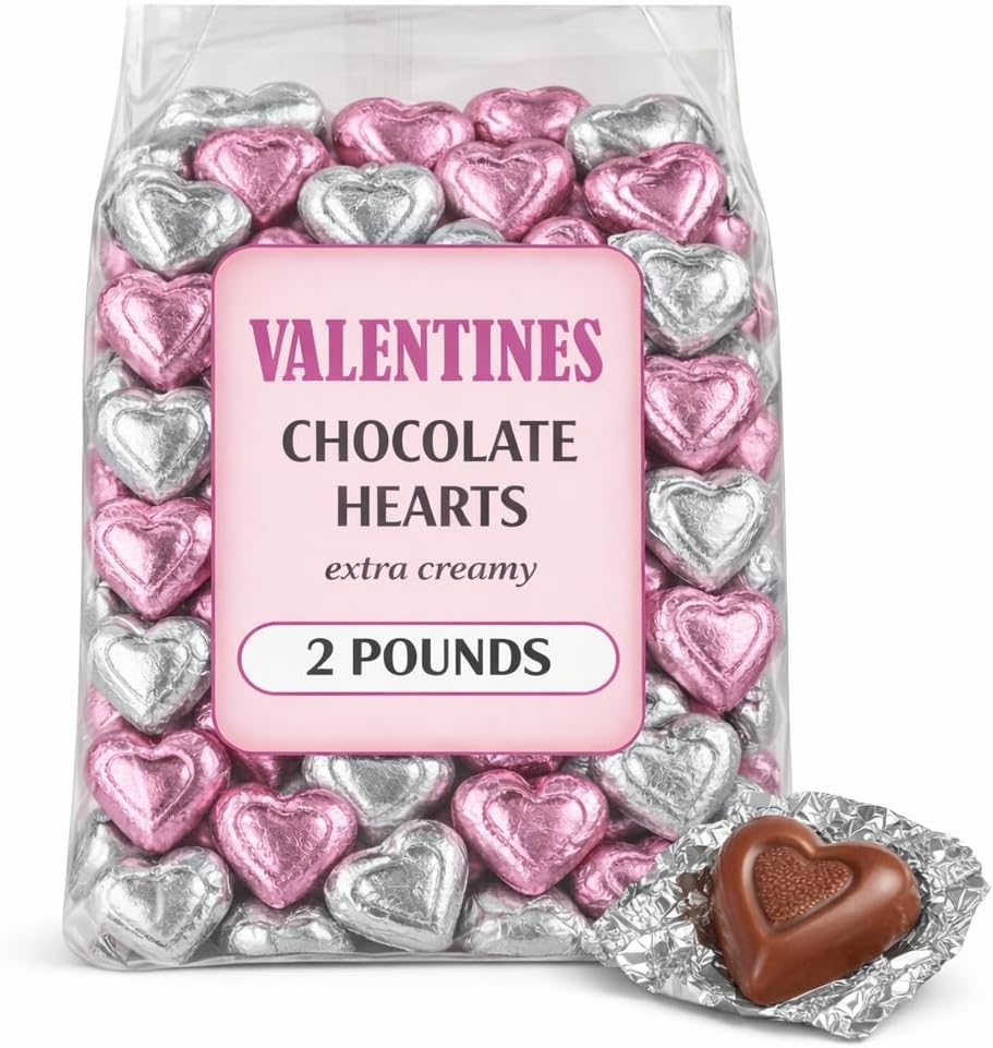 Valentine's Day Milk Chocolate Hearts, 2 Lbs Bulk, Individually Wrapped Pink and Silver Hearts, Extra Creamy Heart Shaped Chocolate Miniatures for Valentines Day Candy Gift, Party Favor, Appx 100 Pc