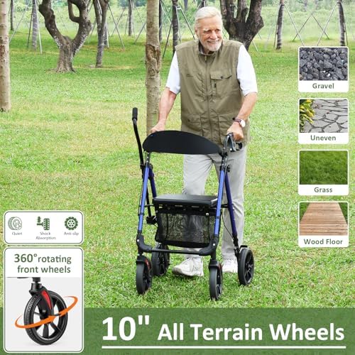 WALK MATE Rollator Walker for Seniors, 10 Inch Big Wheels, Reinforced Aluminum Frame 350lb Weight Capacity, Foldable All Terrain Rolling Walker with Seat, Lightweight Adjustable Height, Blue