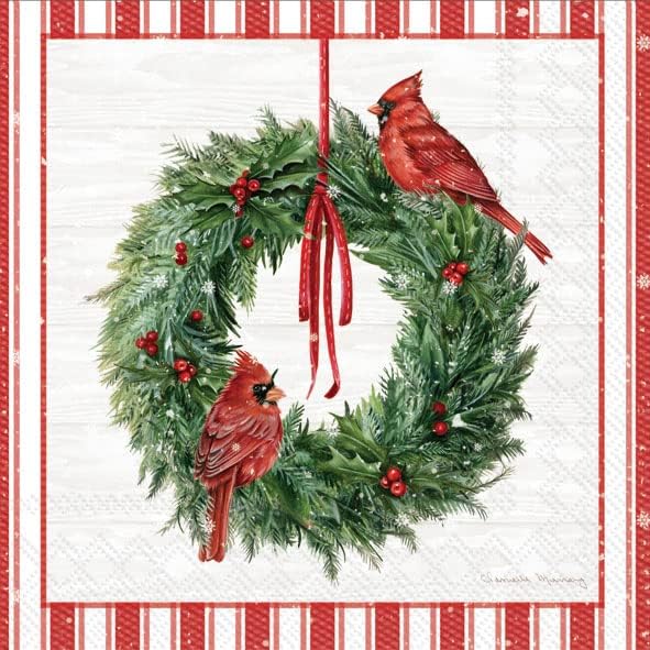 IHR Ideal Home Range Christmas Cocktail Napkins Disposable 3-Ply Paper Party Napkin Pack, 5" x 5", Cardinal Wreath Countryside, 20-Count
