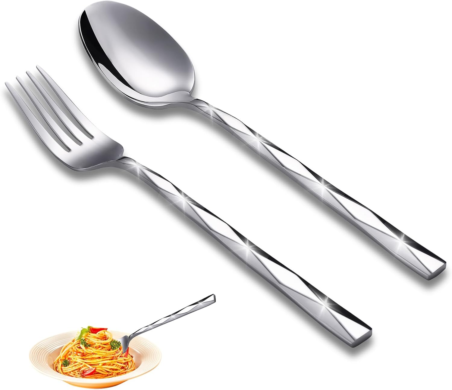 12-Piece Stainless Steel Spoon and Fork Set for Everyday Home Use, Diamond Cut Mirror Polished Heavy Duty Dinnerware, 6x8" Large Forks & Spoons, Dishwasher Safe Flatware Set for Kitchen Restaurant