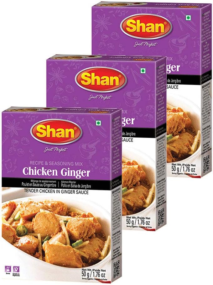 Shan Chicken Ginger Recipe & Seasoning Mix 1.76 oz (50g) - Spice Powder for Tender Chicken in Ginger Sauce - Airtight Bag (Pack of 3)