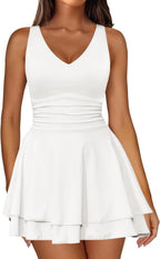 IWD Women's Sexy V Neck Sleeveless Corset Mini Dress Tiered Ruffle Hem A Line Short Party Club Dresses