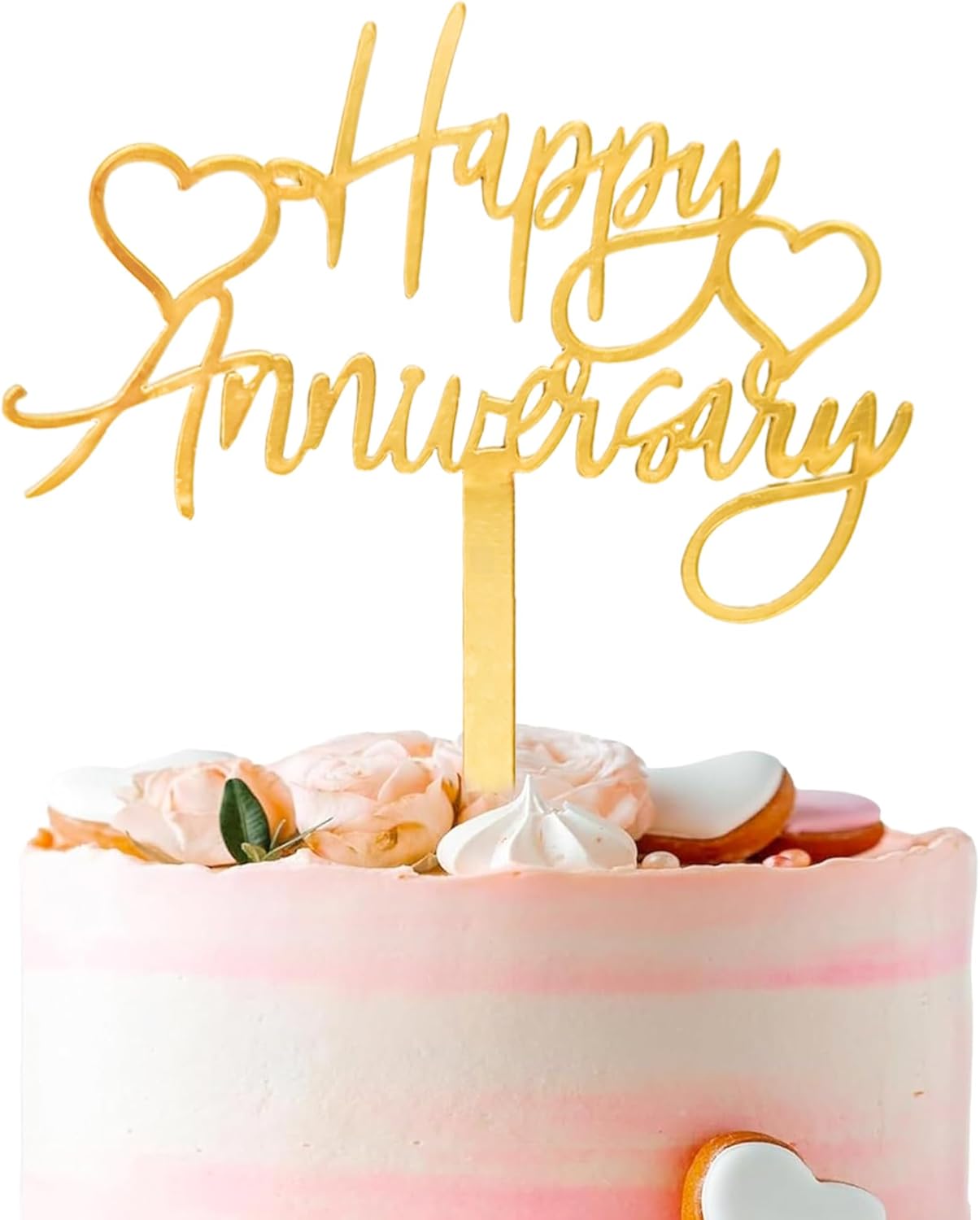 1 PCS Gold Happy Anniversary Cake Topper, Acrylic Heart Cake Decor for Weddings, Anniversaries, or Party Decoration Supplies