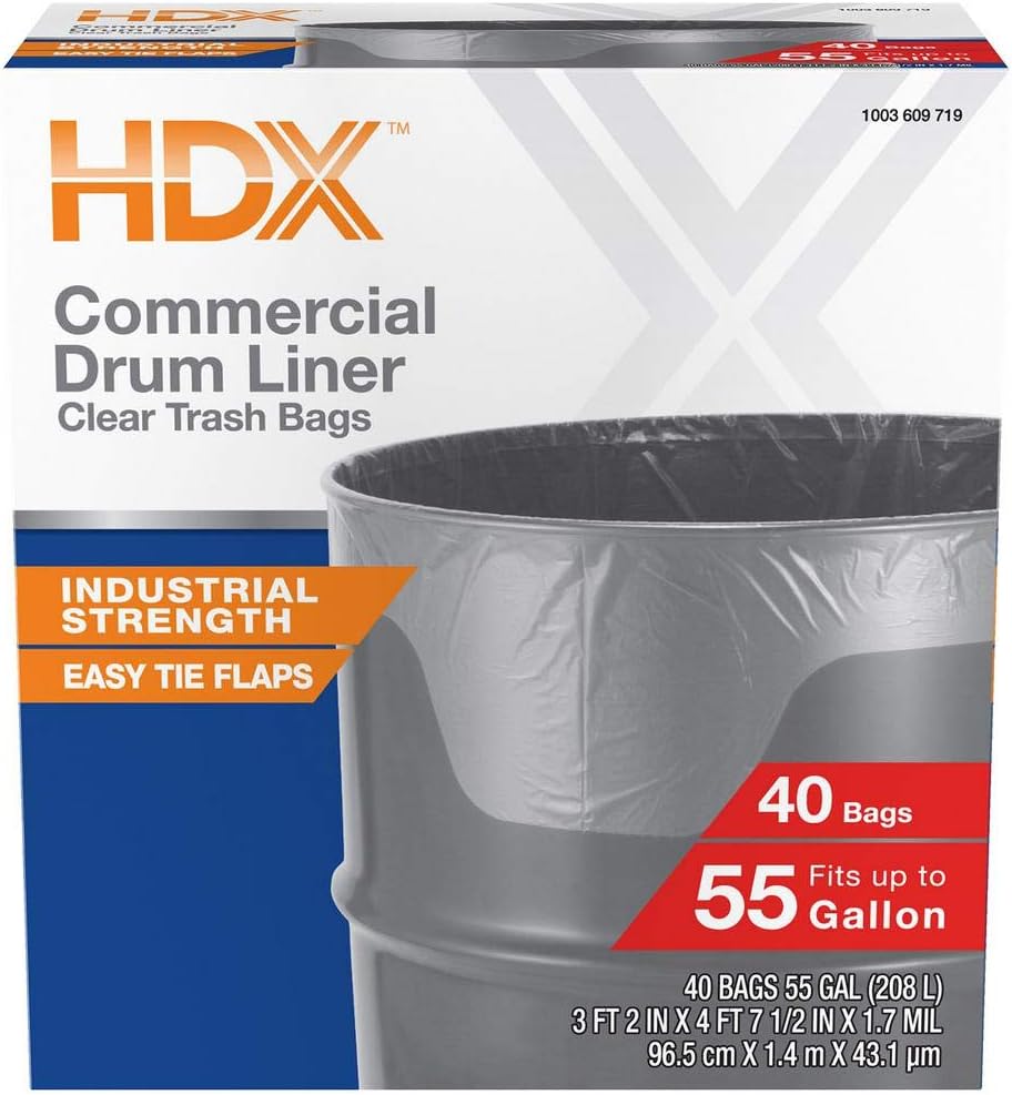 HDX 55 Gallon Clear Heavy-Duty Flap Tie Drum Liner Trash Bags (40-Count)