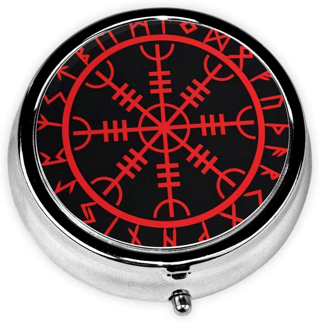 Viking Norse Mythology Warrior Compass Pill Case Storage,Three Compartment Pill Box Size 2 Inch for Pocket Purse and Travel