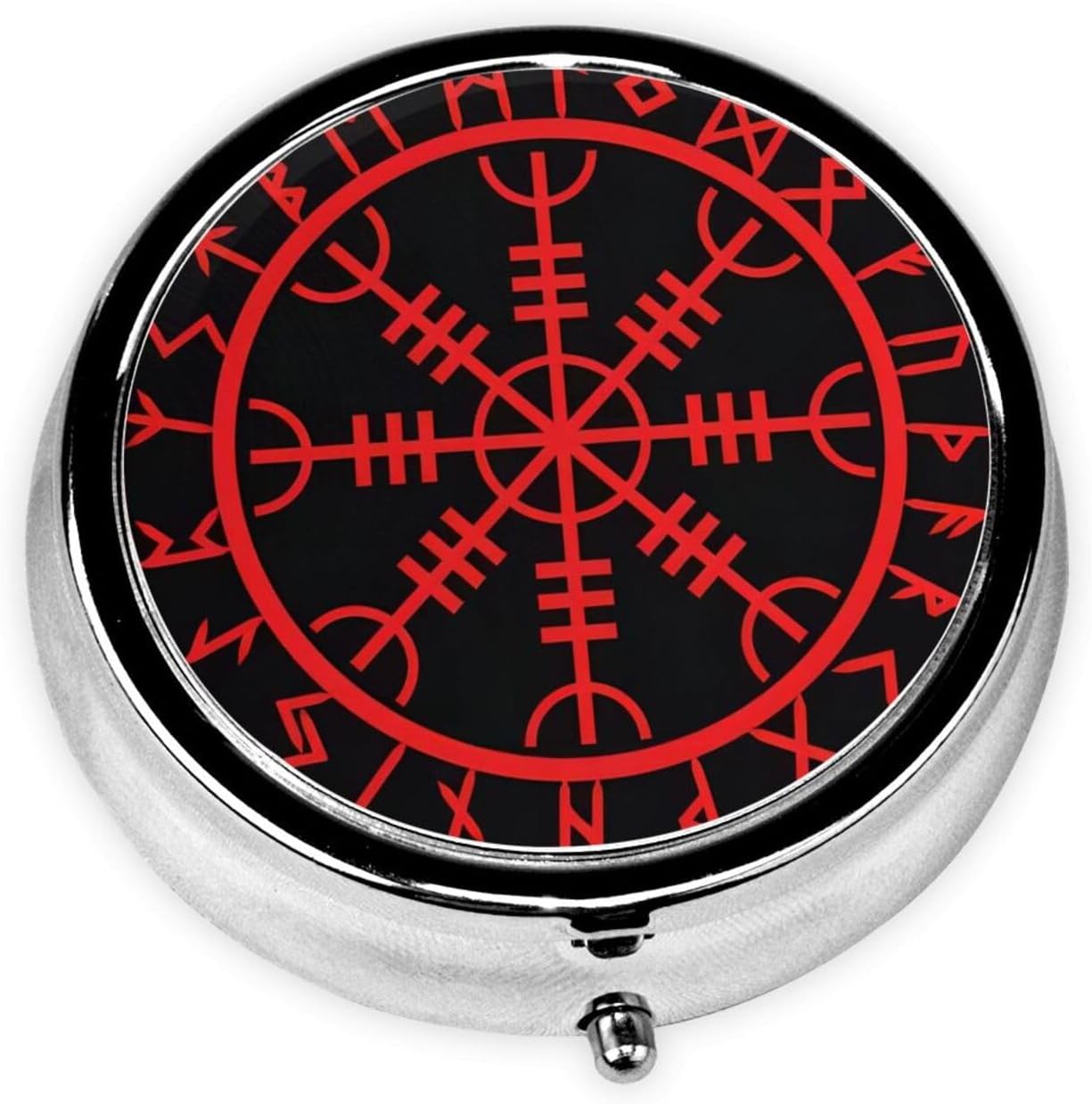 Viking Norse Mythology Warrior Compass Pill Case Storage,Three Compartment Pill Box Size 2 Inch for Pocket Purse and Travel