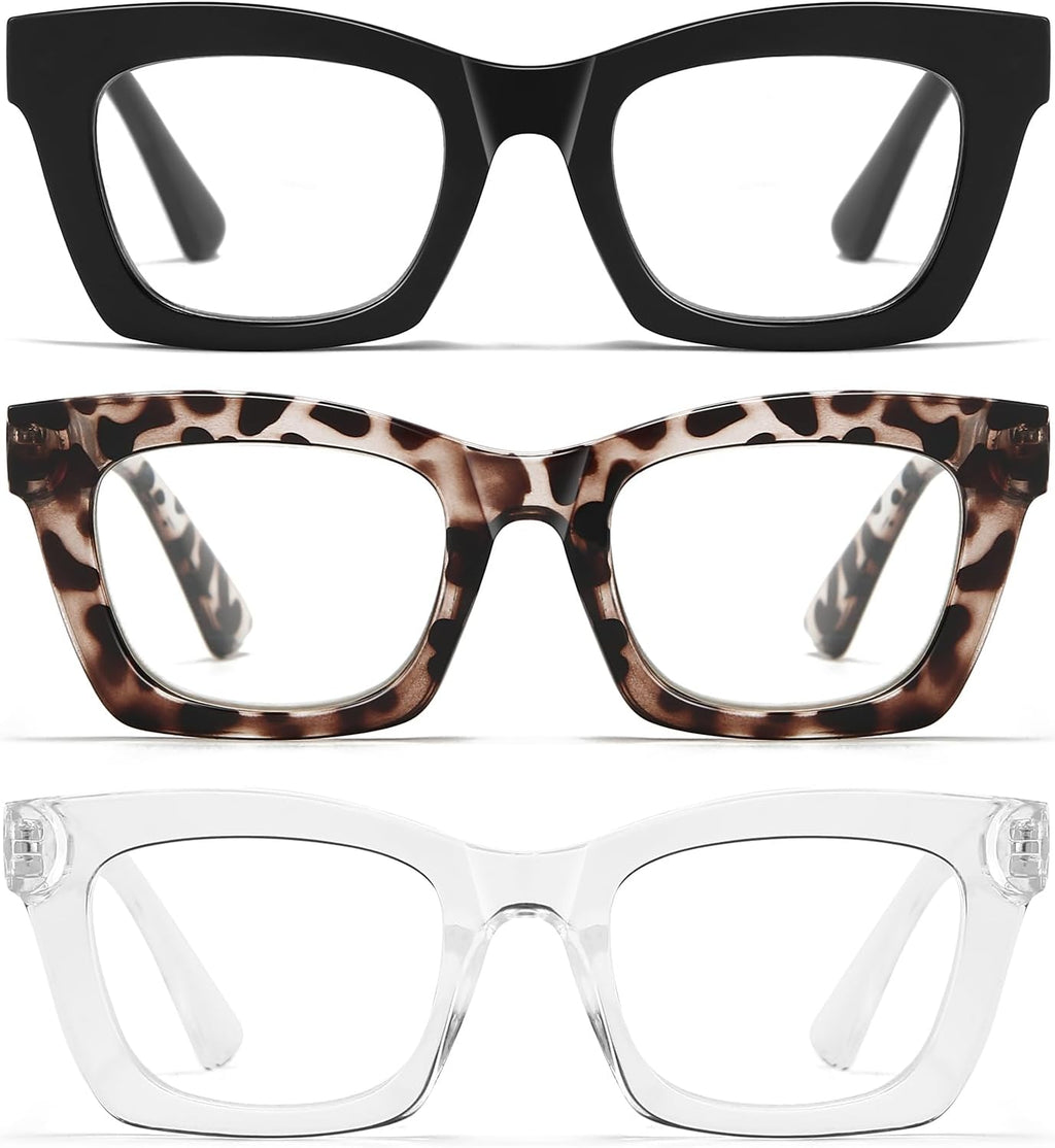 Cat Eye Reading Glasses for Women - 3 Pack Blue Light Readers with Spring Hinge, Stylish Computer Glasses