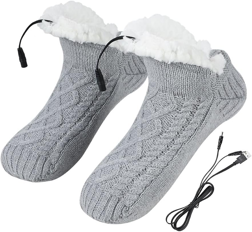 USB Heated Socks Slippers Winter Electric Heating Pad Thermal House Heating Slipper Socks Plush Knitted Foot Heater Slippers Anti-Slip Bootie Footwear Warmers Footwear Shoes for Indoor Room