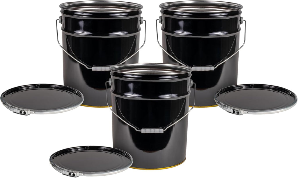 ATERET 5 Gallon Black Metal Bucket & Lever Lock Pail Lid - 3 Pack - Heavy Duty Durable Pails and Lids for Outdoor and Household Use