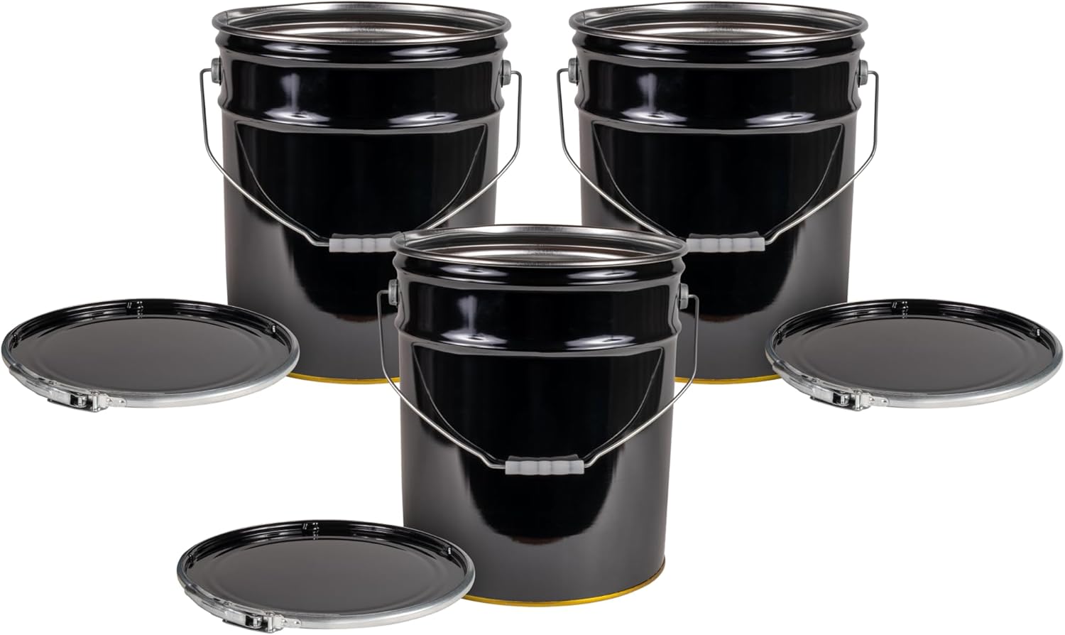 ATERET 5 Gallon Black Metal Bucket & Lever Lock Pail Lid - 3 Pack - Heavy Duty Durable Pails and Lids for Outdoor and Household Use