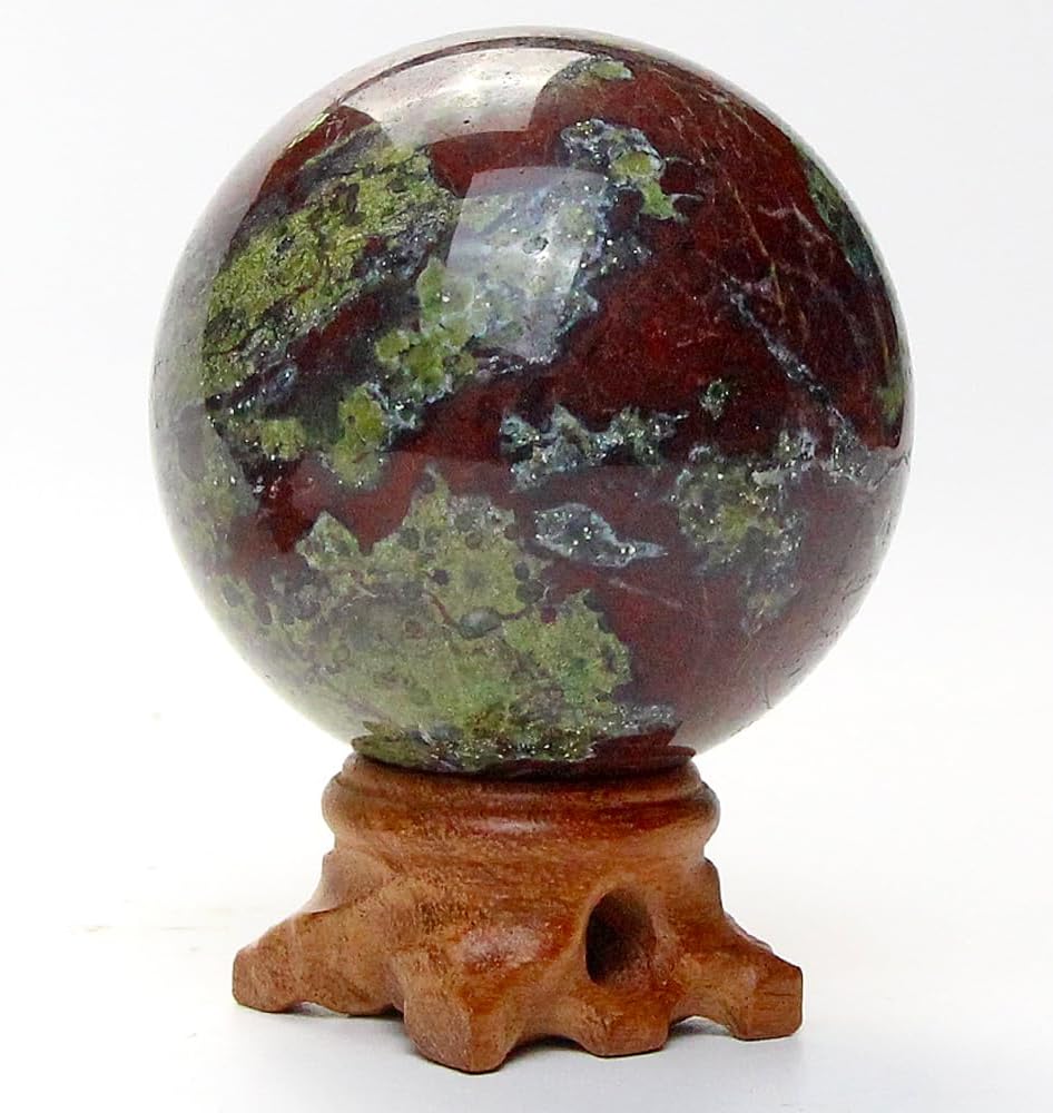 65mm Natural Dragon Blood Stone Sphere with Wood Stand Healing Crystal Ball Mineral Gemstone Divination Energy Chakra Sculpture Figurine for Fengshui