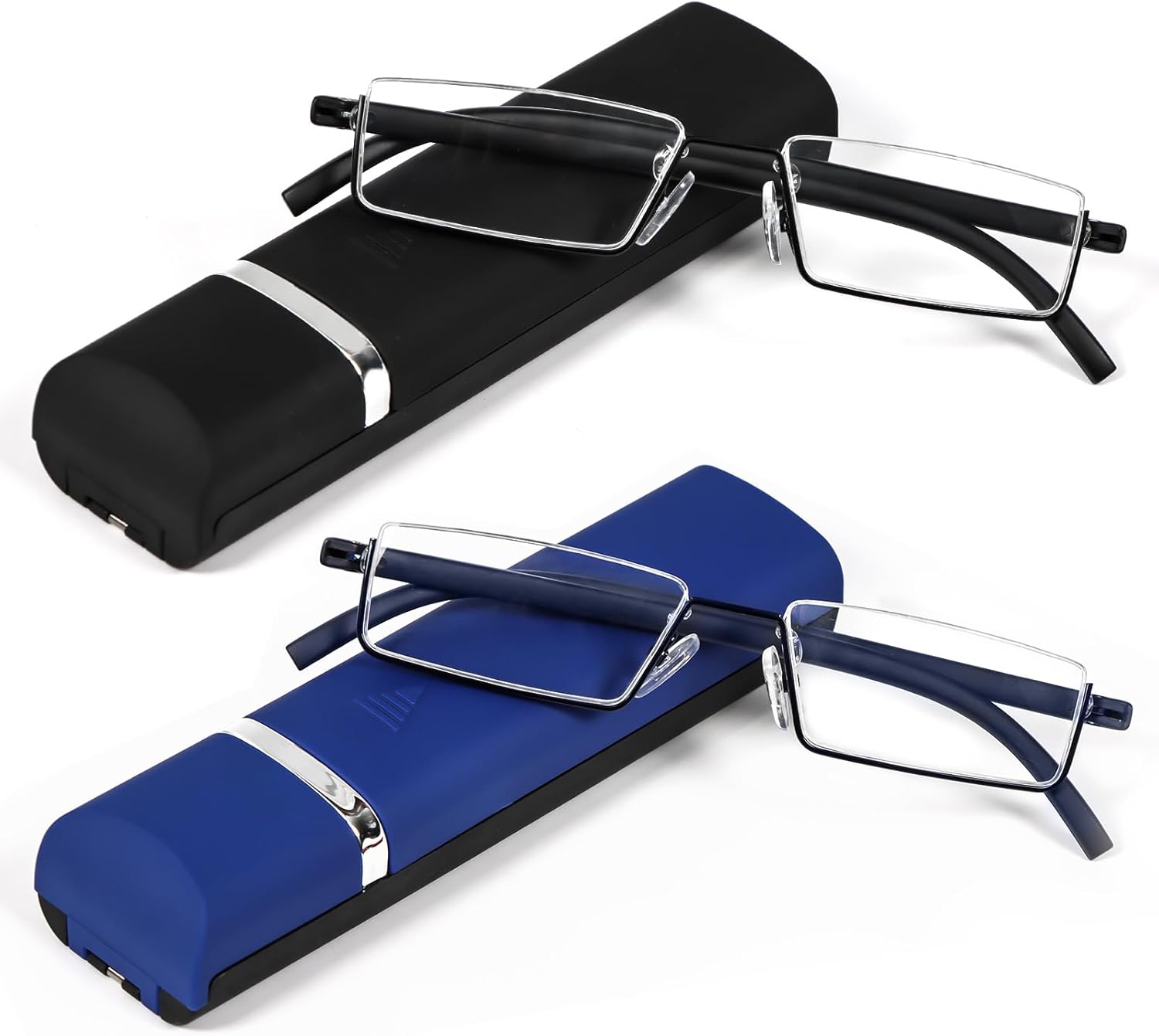 REAVEE 2 Pack Half Frame Reading Glasses for Men Women, Half Lens Metal Lightweight Readers Portable with Case, Black and Blue +1.25