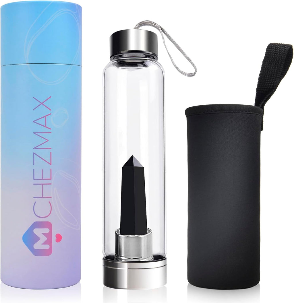 ChezMax Crystal Glass Water Bottle Energy Quartz Gemstone Water Bottle with Changeable Natural Crystal Center for Healing and Wellness
