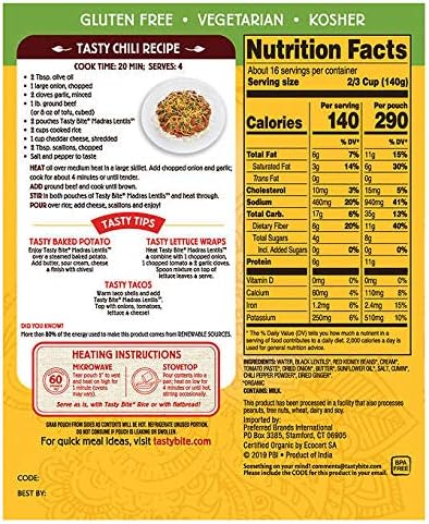 Tasty Bite Organic Vegetarian All Natural Indian Madras Lentils: Lentils, Red Beans, & Spices Simmered in a Creamy Tomato Sauce - 8 ct. (10 oz.)