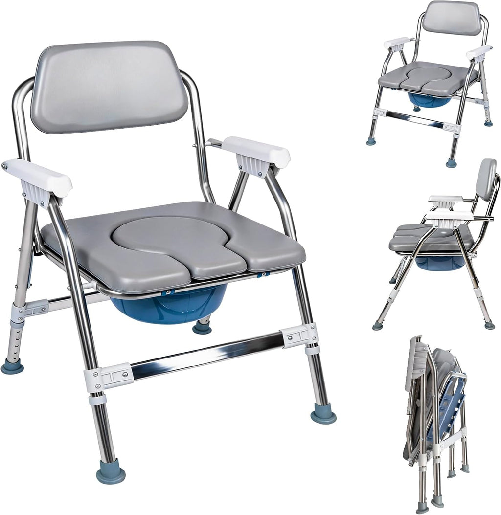 Bedside Commode for Seniors- Adjustable Height Adults Potty Chair with Arms, Elderly with Arms and Back Commode Chair, Pregnant Women & Post-Surgery - Supports 360 lbs (PU Soft Seat)
