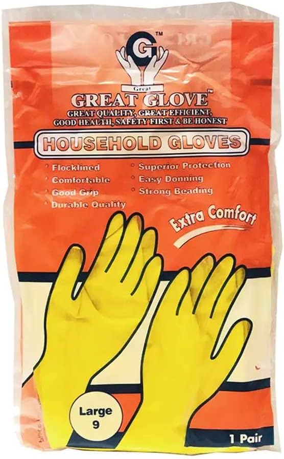 12 Pairs Large Yellow Household Rubber Gloves – Flock Lined, Reusable, Waterproof, Latex Cleaning Gloves for Kitchen, Dishwashing & Janitorial Use
