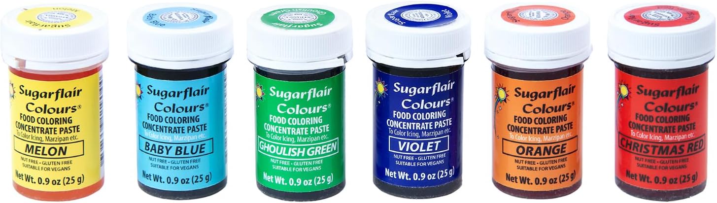 Sugarflair Rainbow Set of Food Coloring Concentrate Paste, 25 Grams Each of 6 Colors: Baby Blue, Christmas Red, Ghoulish Green, Melon, Orange & Violet (Total 150 Grams)