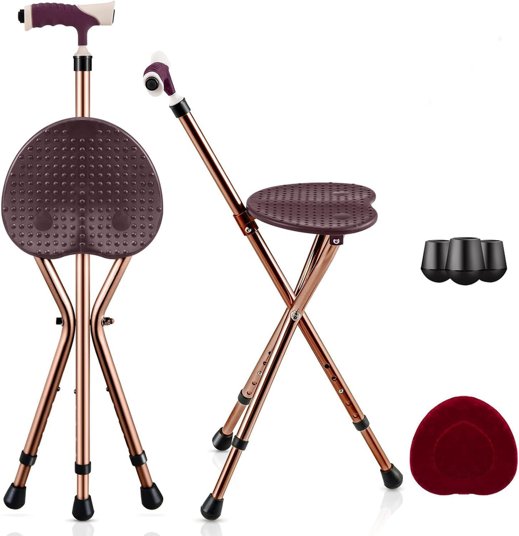 GYMAX Walking Stick Chair Combo, Folding Cane Seat with LED Light, Massage Seat Board & Ergonomic Handle, Adjustable Anti-Skid Walking Stick with Stool, Lightweight Outdoor Travel Rest Stool