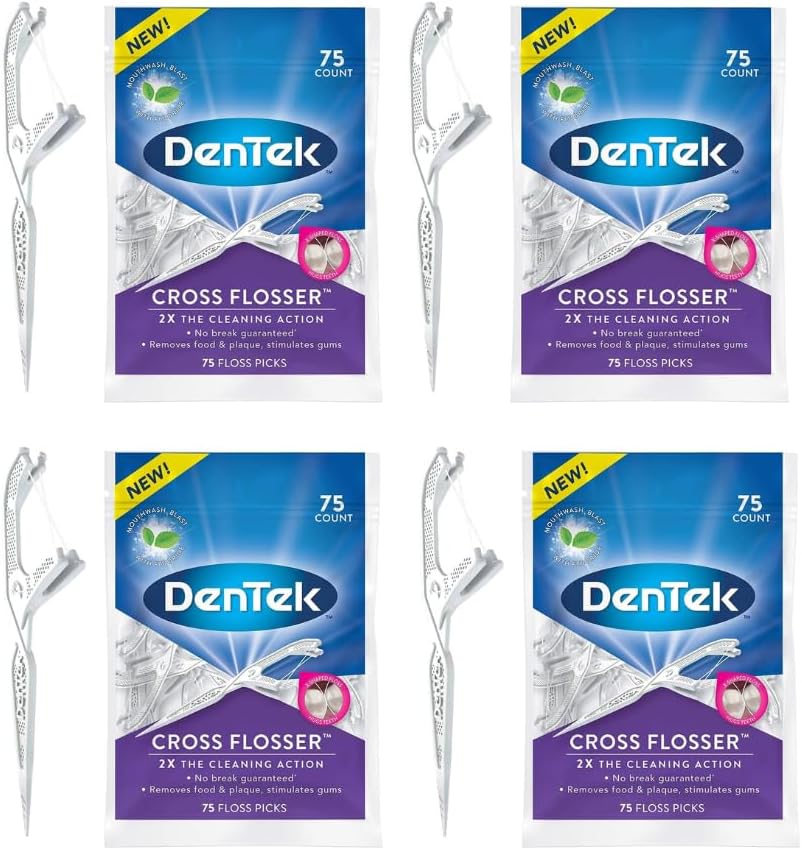 DenTek Cross Flosser Plaque Control Floss Picks, X-Shaped Floss, 75 Count, (Pack of 4)
