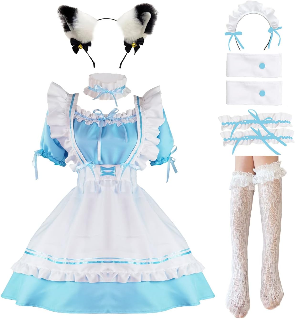 Maid Outfit Anime Cosplay Lolita Maid Dress French Maid Costume Plush cat ear Socks set