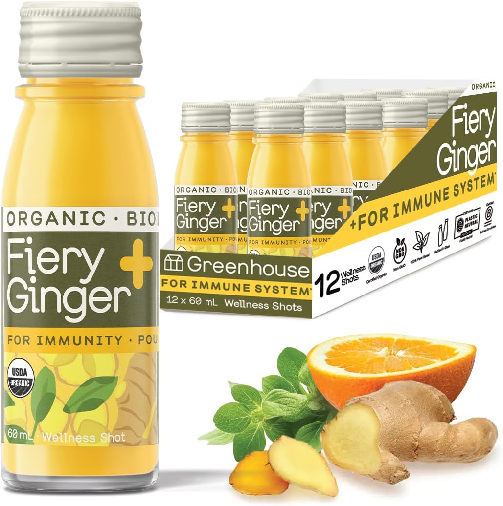 Greenhouse Juice Organic Fiery Ginger & Turmeric Wellness Shot, Anti-Inflammatory, Immune Support, Vegan & Gluten-Free, 12-Count 60ml Glass Bottles