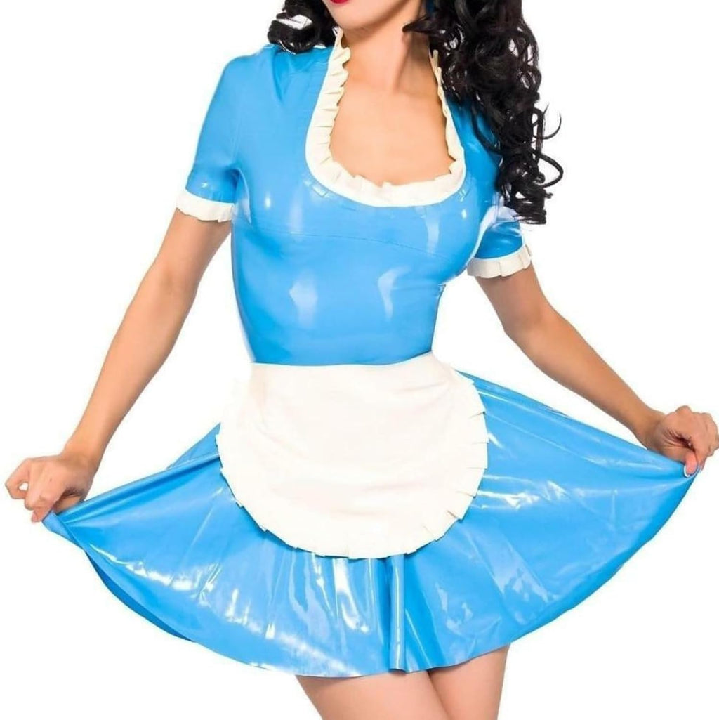 Natural latexLake Blue and White Maid Latex Dresses with Apron Zipper at Back Puffs Short Sleeves Rubber Uniform