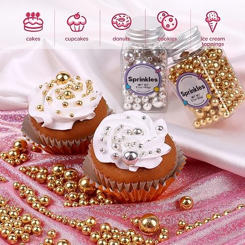 Pearl Sprinkles for Cake Decorating, Gold Pearl Sprinkles, Sliver Pearls Sprinkles, Sugar Pearls, Metallic Sprinkles Mix for Cake, Cupcakes, Macaron, Ice Cream, and Cookies. (120g/4.2oz)