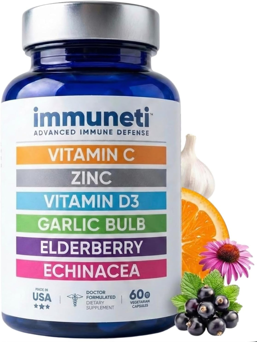 Immuneti Advanced Immune Support – Doctor Formulated 6-in-1 Daily Immunity Supplement – Made in USA – With Vitamin C, D3, Zinc, Elderberry, Garlic & Echinacea - Vital Nutrients & Antioxidants (1)