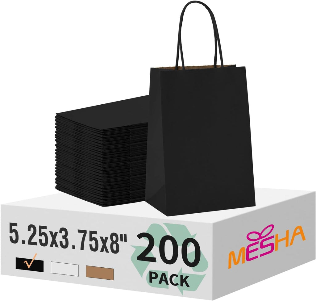 MESHA Gift Paper Bags Black 200 PACK 5.25x3.75x8'' Small Shopping Kraft Bags Bulk with Handles Reusable for Business,Grocery,Birthday,Wedding,Kids Party,Favors