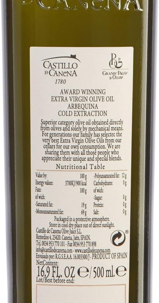 Castillo De Canena Extra Virgin Olive Oil (16.8 fl. oz.) Arbequina Award Winning Early Harvest, High Polyphenol, Cold-Pressed Purity | Rich, Bold Flavor Profile | Bread, Soup, Pasta, Salad Dressing, Vegetables | Estate Produced Since 1780 | Spanish