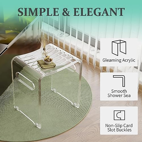 Modern Acrylic Shower Bench, Clear Stool with Anti-Skip Silicone Buckles and 12 Pcs Water Leaking Hole 350 LBS Weight Capacity