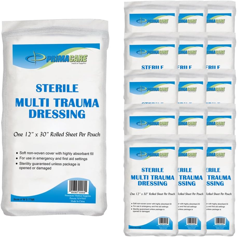 Primacare WT-7705-CS Pack of 25 First Aid Sterile Multi Trauma Gauze Pad Dressing for Stopping Heavy Bleeding in Large Open Wounds, Treating Lacerations and Piercing Injuries, 30" x 12", White