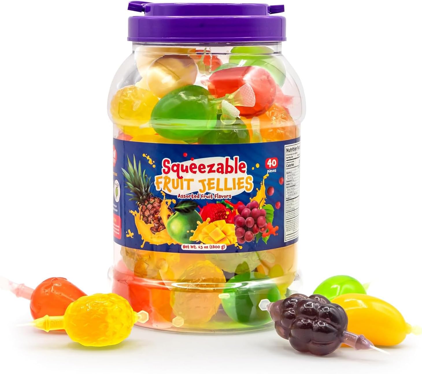 Fruit Squeezable Jellies - 40 Count Jar - Tik Tok Candy - Fun Jelly Treat in Assorted Fruit Flavors - Mango, Strawberry, Apple, Pineapple & Grape - Gelatin Free