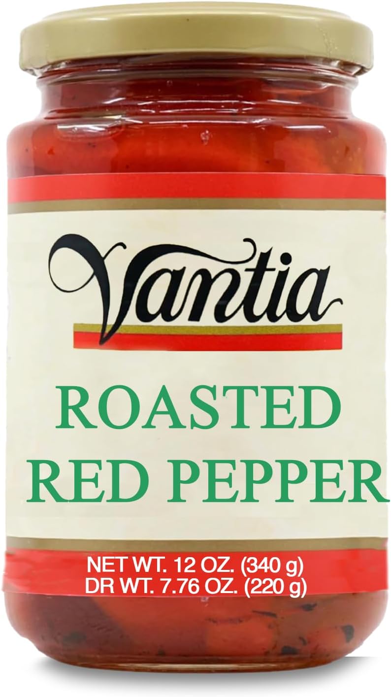 Vantia Roasted Red Peppers 12 oz Jar – Fire-Roasted Sweet Peppers in Brine, Tender & Flavorful for Sandwiches, Salads, Antipasto & Mediterranean Cooking