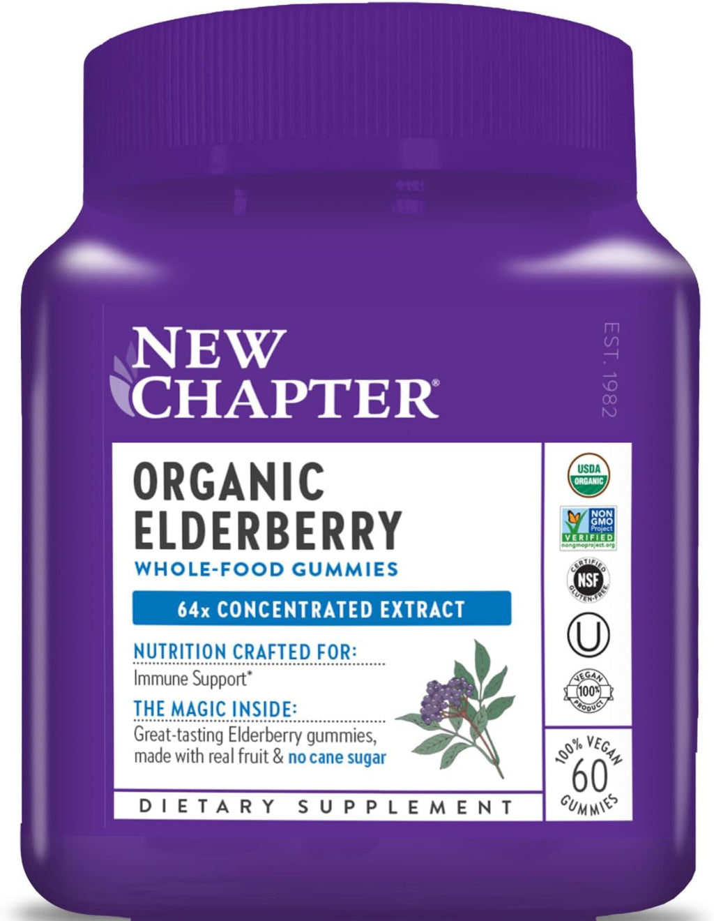 New Chapter Elderberry Gummies for Adults & Kids (2+), USDA Organic 64x Concentrated Elderberry for Immune Support, Great-Tasting Whole-Food Gummies, Vegan & Non-GMO - 60 ct