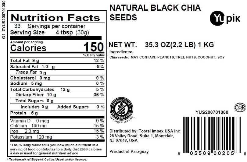 Yupik Raw Black Chia Seeds, 2.2 lb (35.2 oz), Gluten-Free, Kosher, Vegan, Natural Seeds, Plant-Based Superfood, Rich in Fiber, Source of Omega-3, Ideal for Chia Pudding & Smoothies, Gels Easily