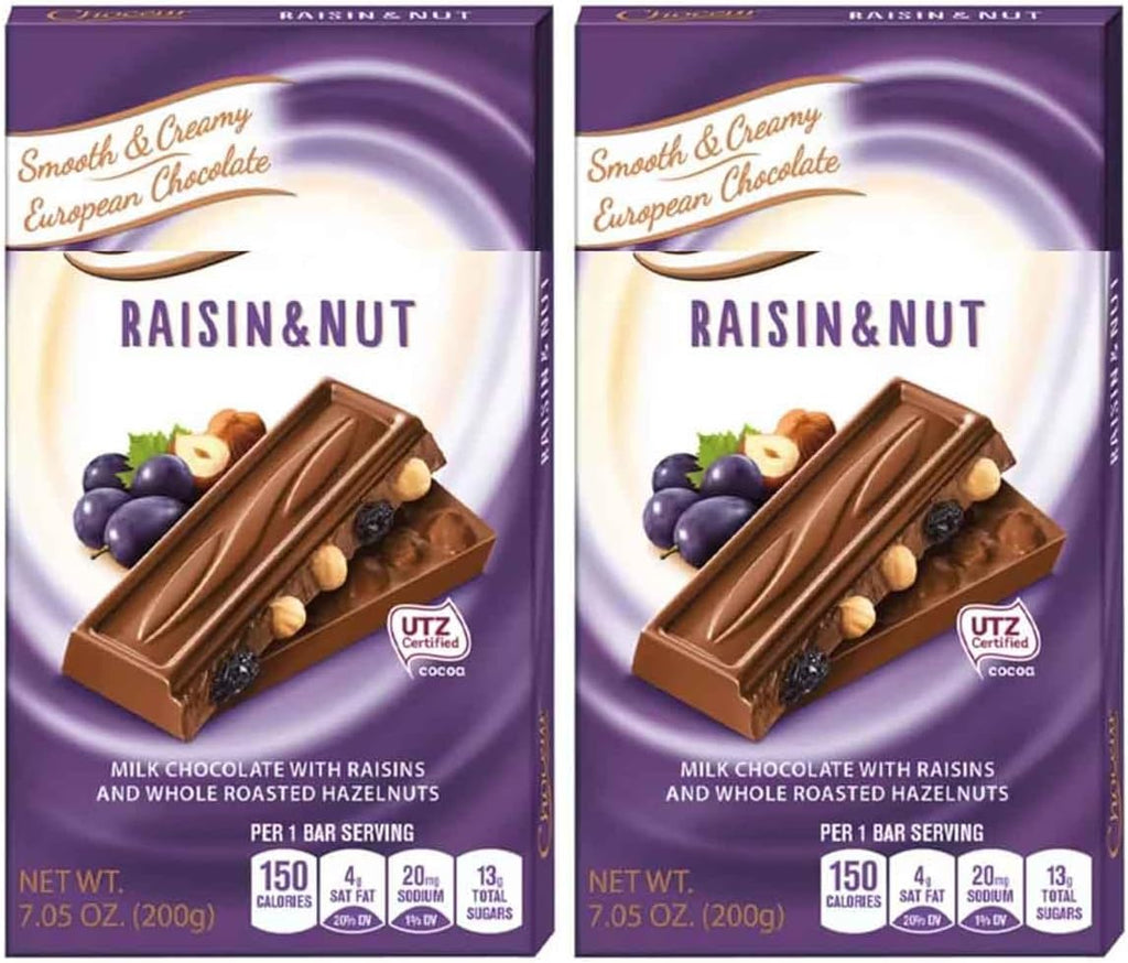 Raisin & Whole Roasted Hazelnut European Milk Chocolate Bars, Gift Snack Snacking Valentine's Day Treat Dessert Food, 2 7oz chocuer Pack